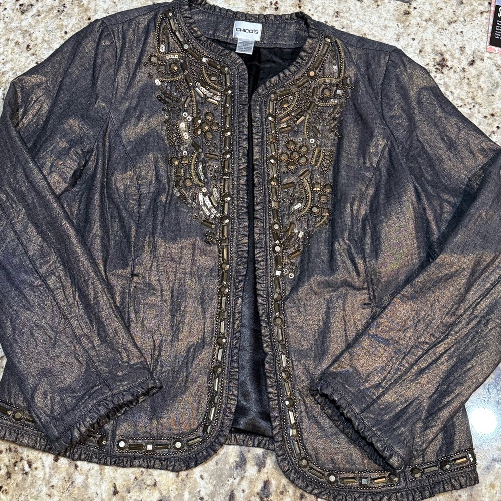 Embellished Metallic Shimmer Open-Front Jacket Chico’s Women’s Size 1 Holiday
